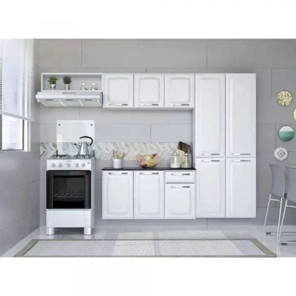 Cozinha Compacta Suspensa com Armário Aéreo e Balcão – Branco Brilhante